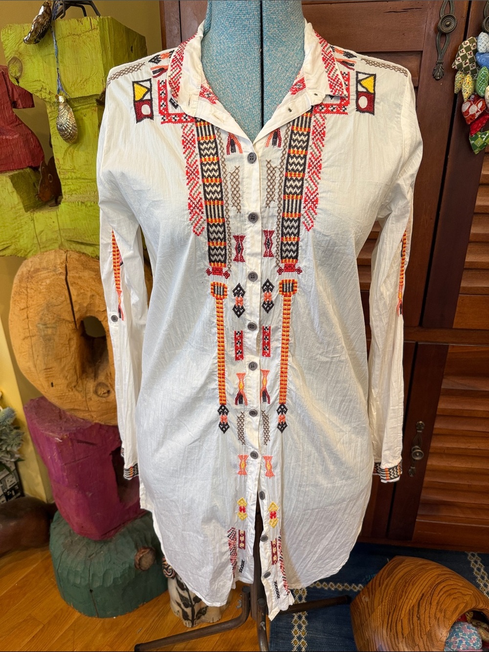 Johnny Was White Embroidered Boho Tunic Shirt with Red & Orange Accents